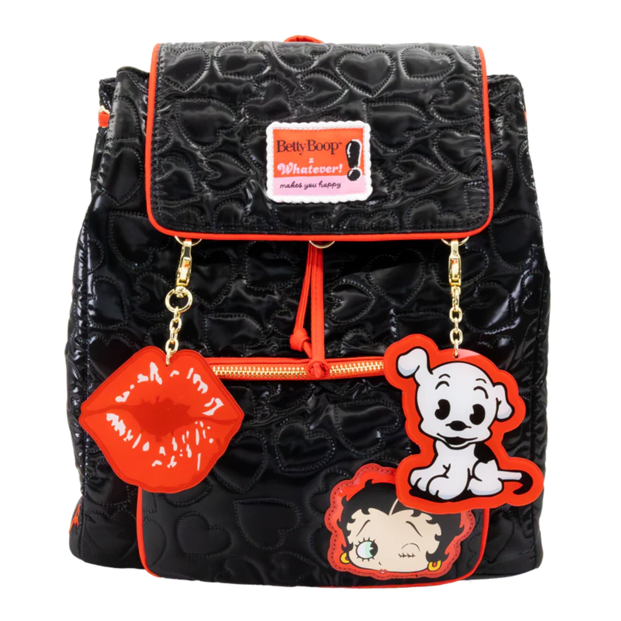 black quilted leather lettering charms backpack Betty Boop Quilted Heart Trinket Backpack with Acrylic Charms