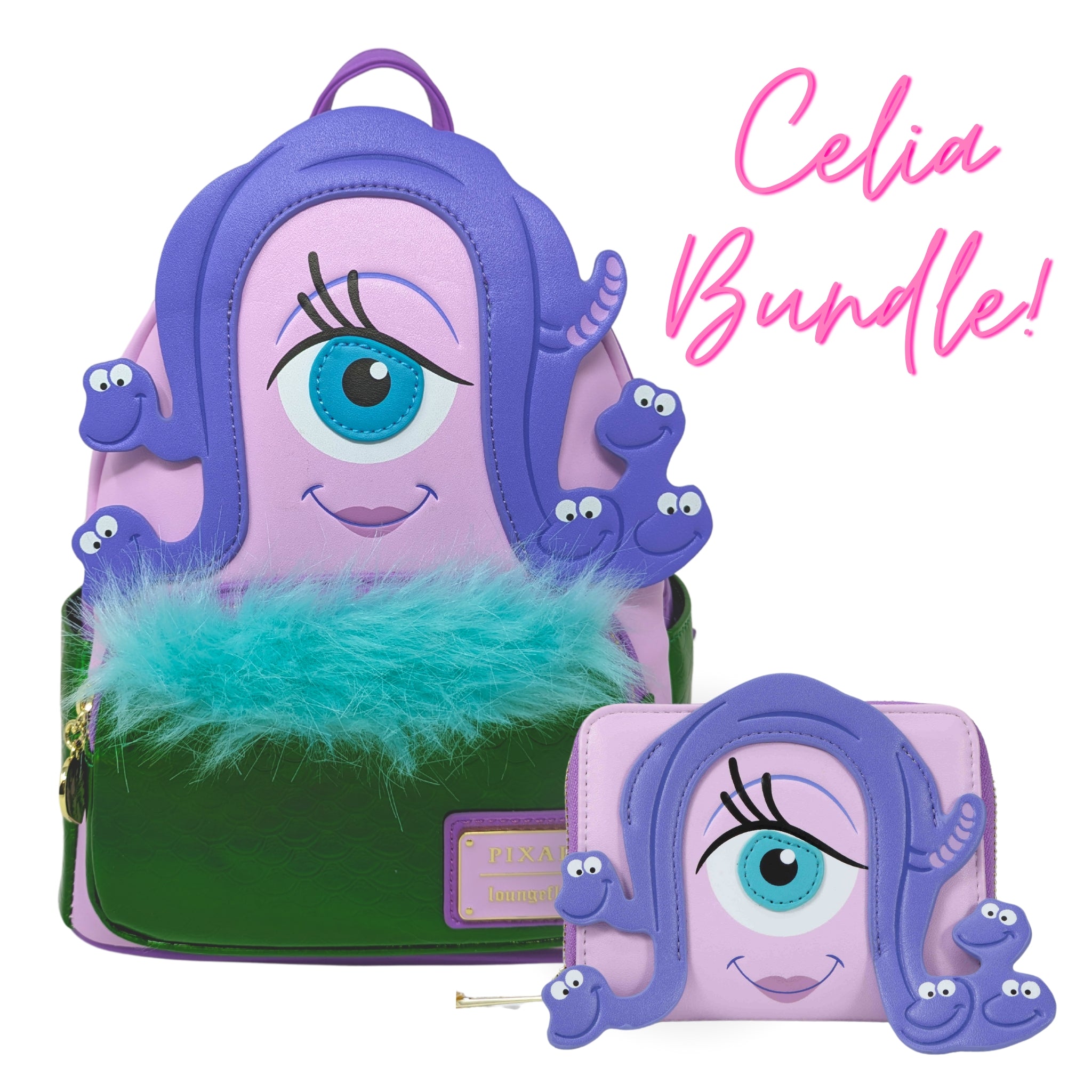 celia monsters inc cosplay Loungefly Pixar Monsters Inc Celia Cosplay Mini Backpack & Wallet Set – Circle Of Hope Boutique