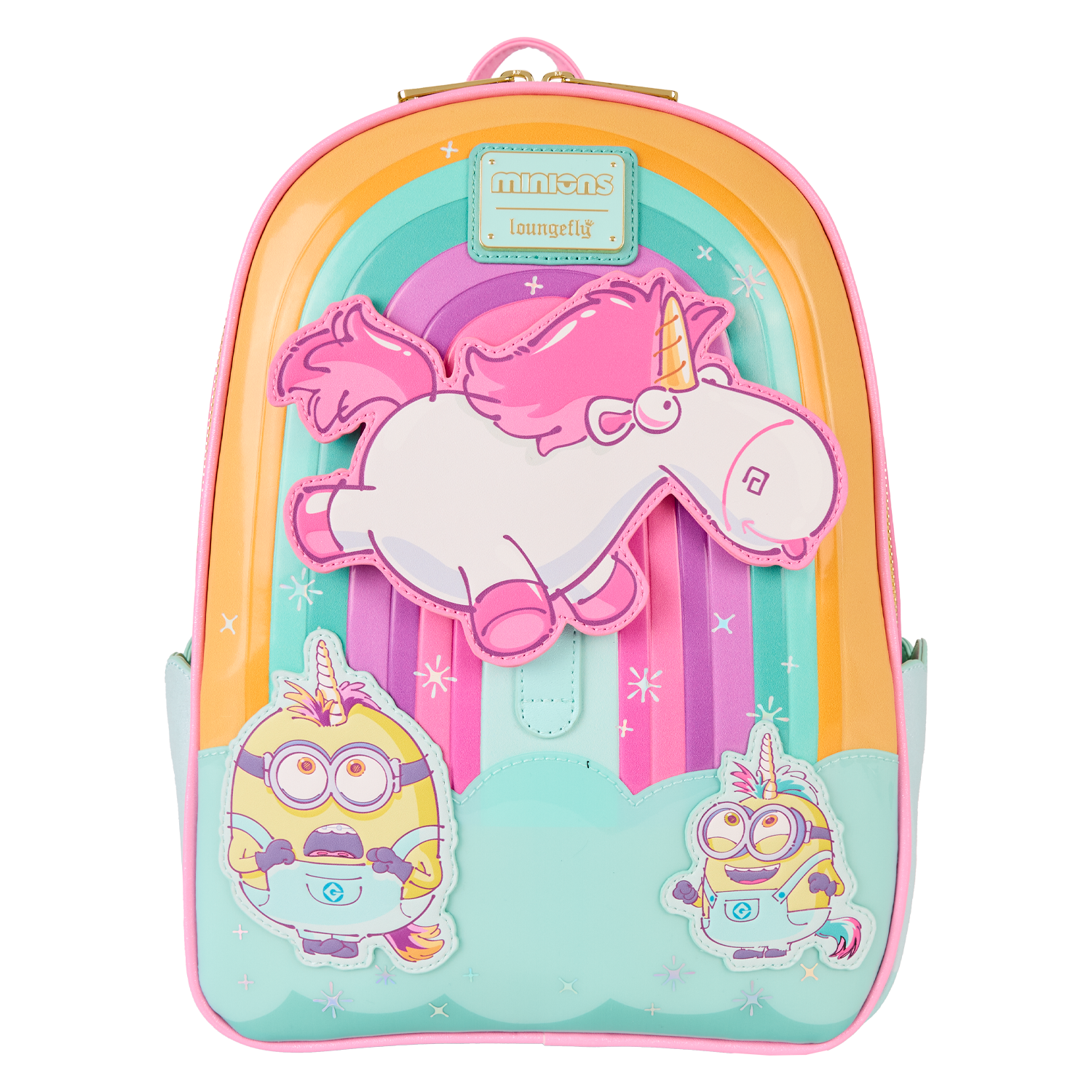 details of magical unicorn rainbow faux fur mini backpack Loungefly Universal Minions Fluffy Unicorn Rainbow Mini Backpack