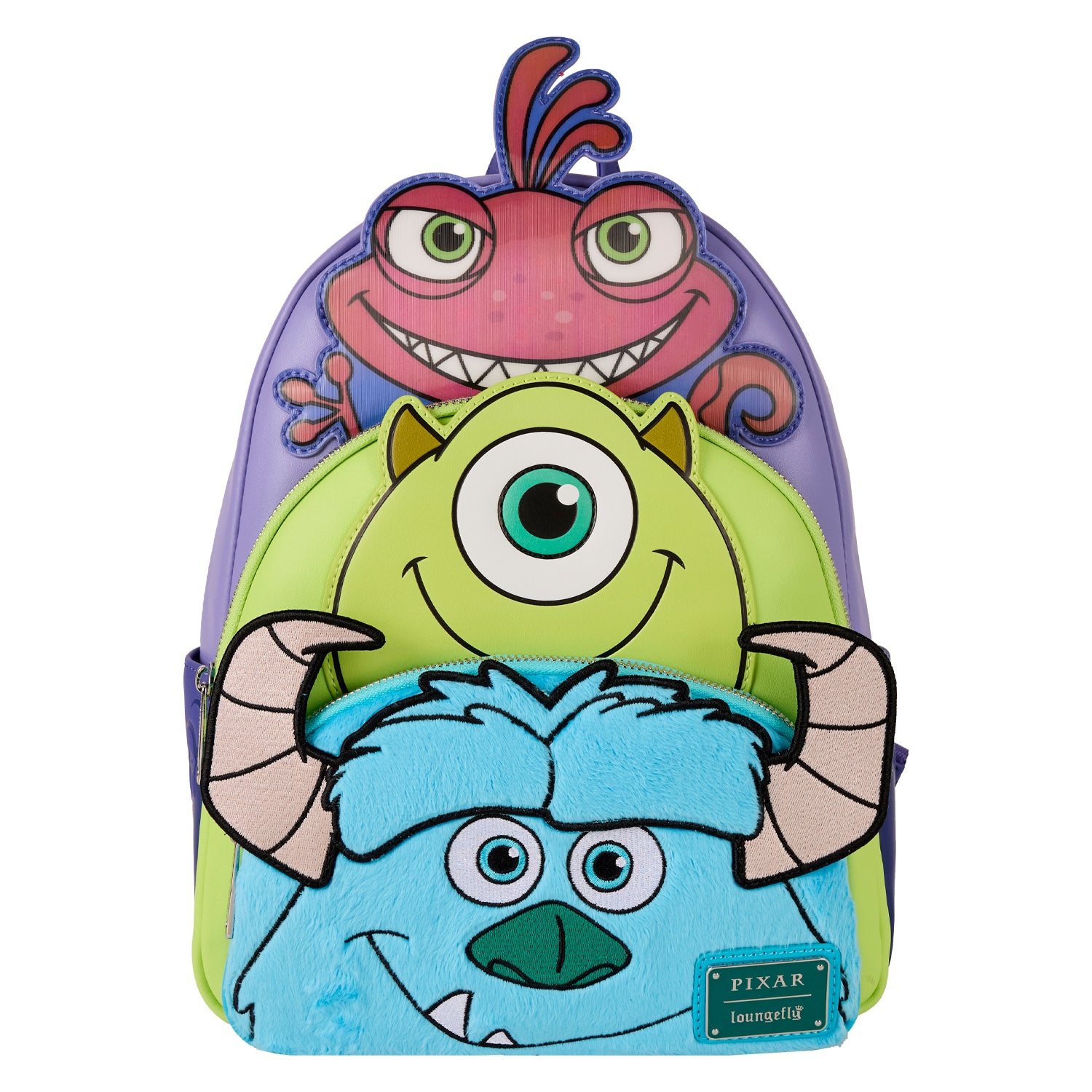 monsters inc mike Loungefly Pixar Monsters Inc. Mike Sulley and Randall Triple Pocket Mini Backpack