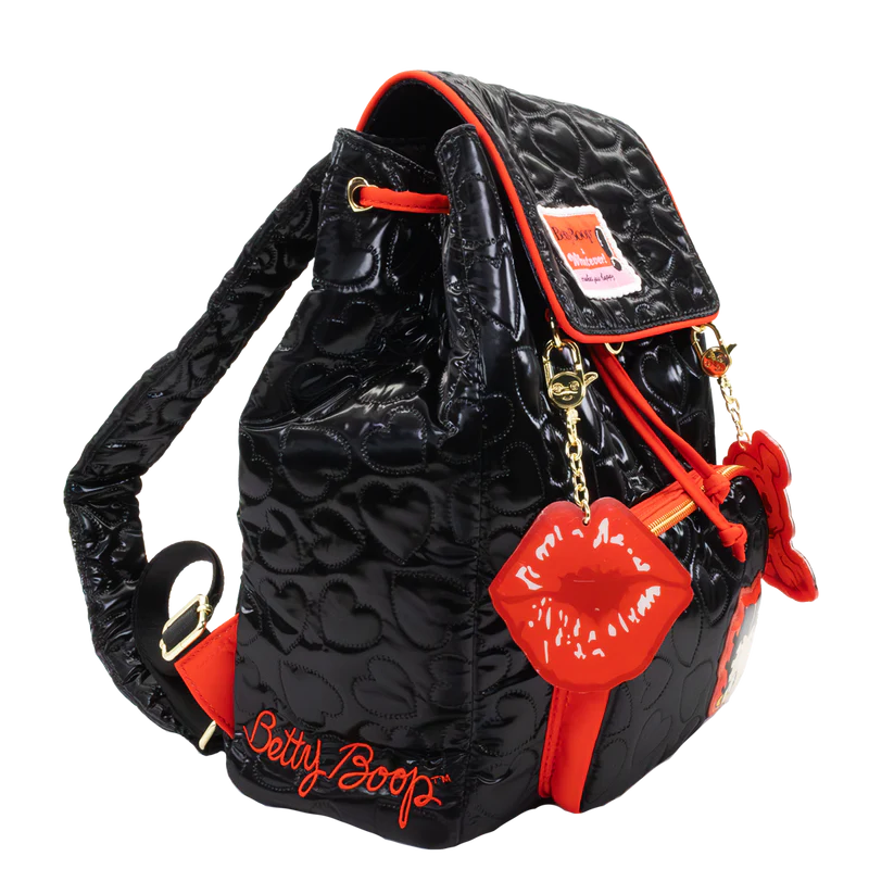 betty boop backpack leather bike heart black Betty Boop Quilted Heart Trinket Backpack with Acrylic Charms