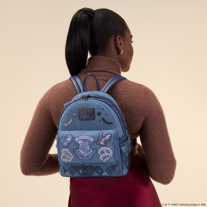harry potter backpack mini Loungefly WB Harry Potter Hogwarts Denim Mini Backpack – Circle Of Hope Boutique