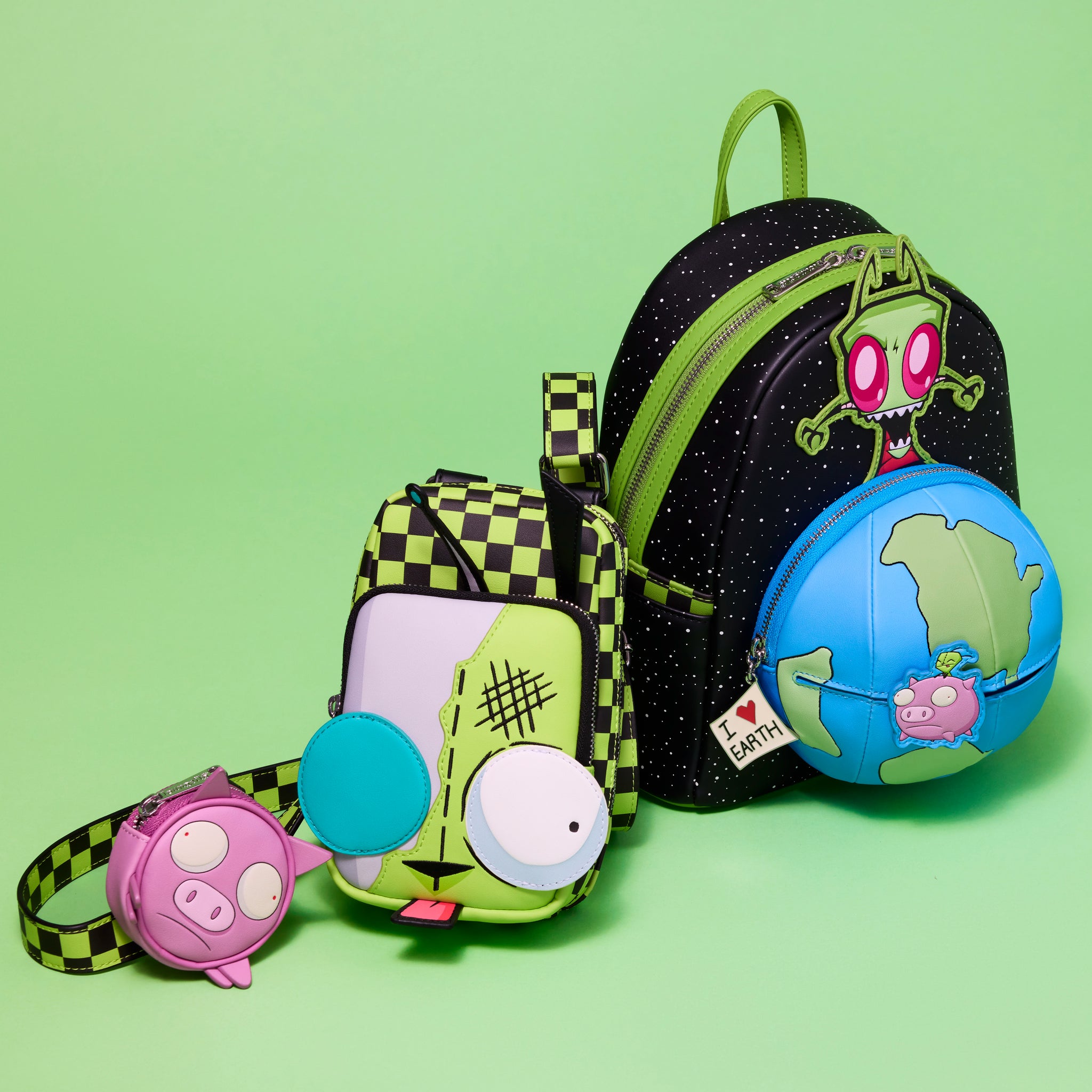 invader zim gir mini backpack Concept One Backpack, Green, 13 Inch | Pizza Plush Small Travel Bag Purse for Men and Women Features Polyurethane Sturdy top handle Adjustable shoulder straps Glow in the dark Gir and pig move side to side Applique Loungefly Invader Zim Gir Pig