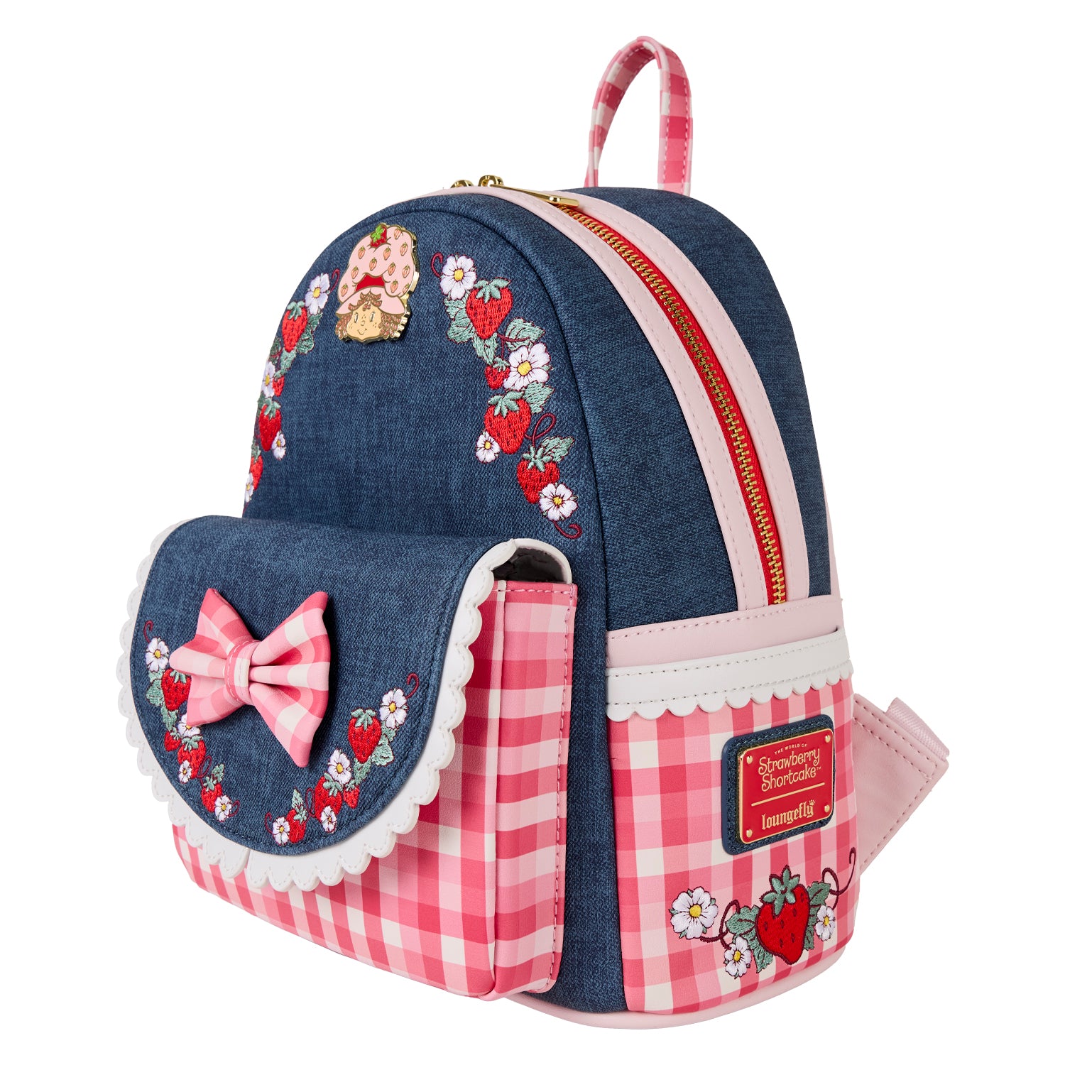 denim patchwork mini backpack Strawberry Shortcake Denim Gingham Loungefly Mini Backpack
