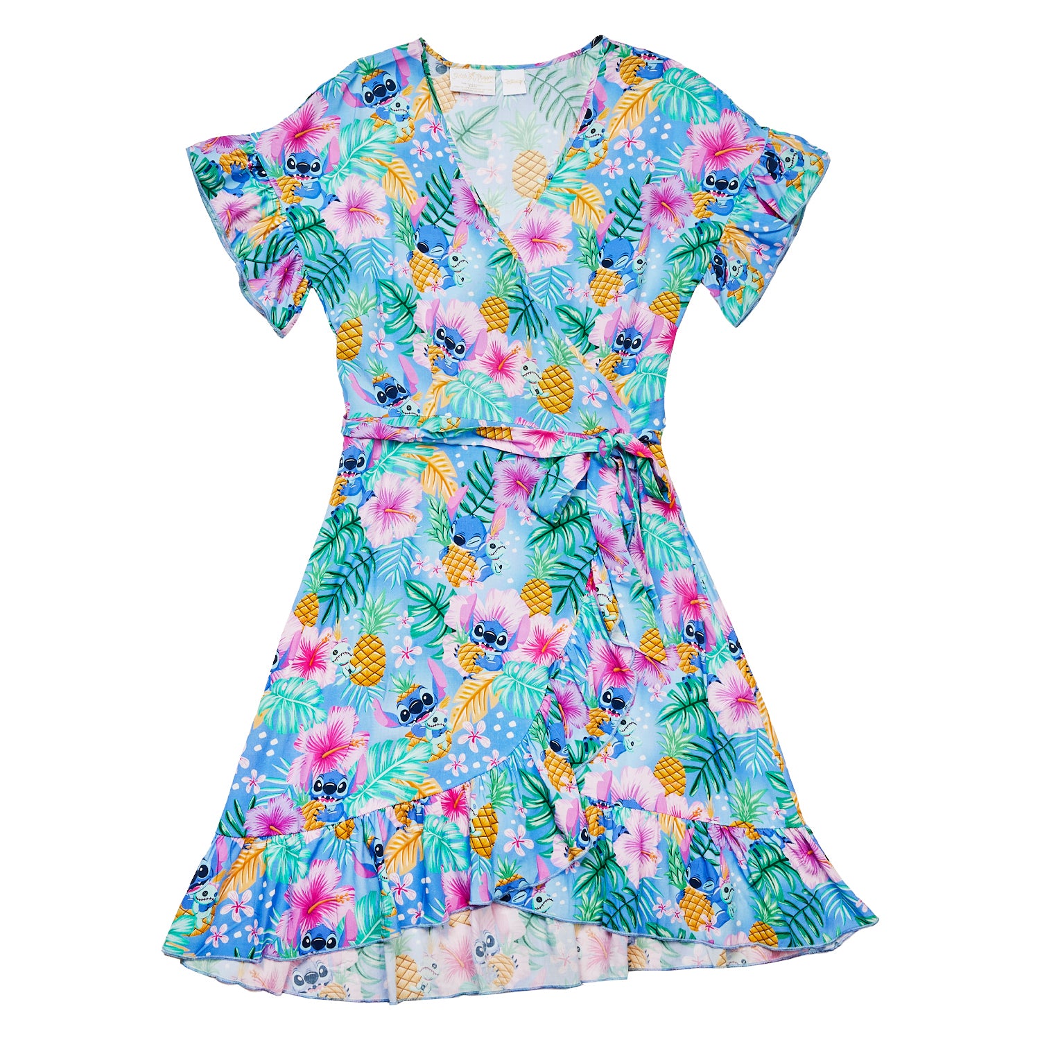 lilo mini dress Stitch Shoppe By Loungefly Disney and Stitch Tropical Wrap Ilana 3X over print of lush ALAÏA: Pink Slip Silk Color:Black Short Dress summer40